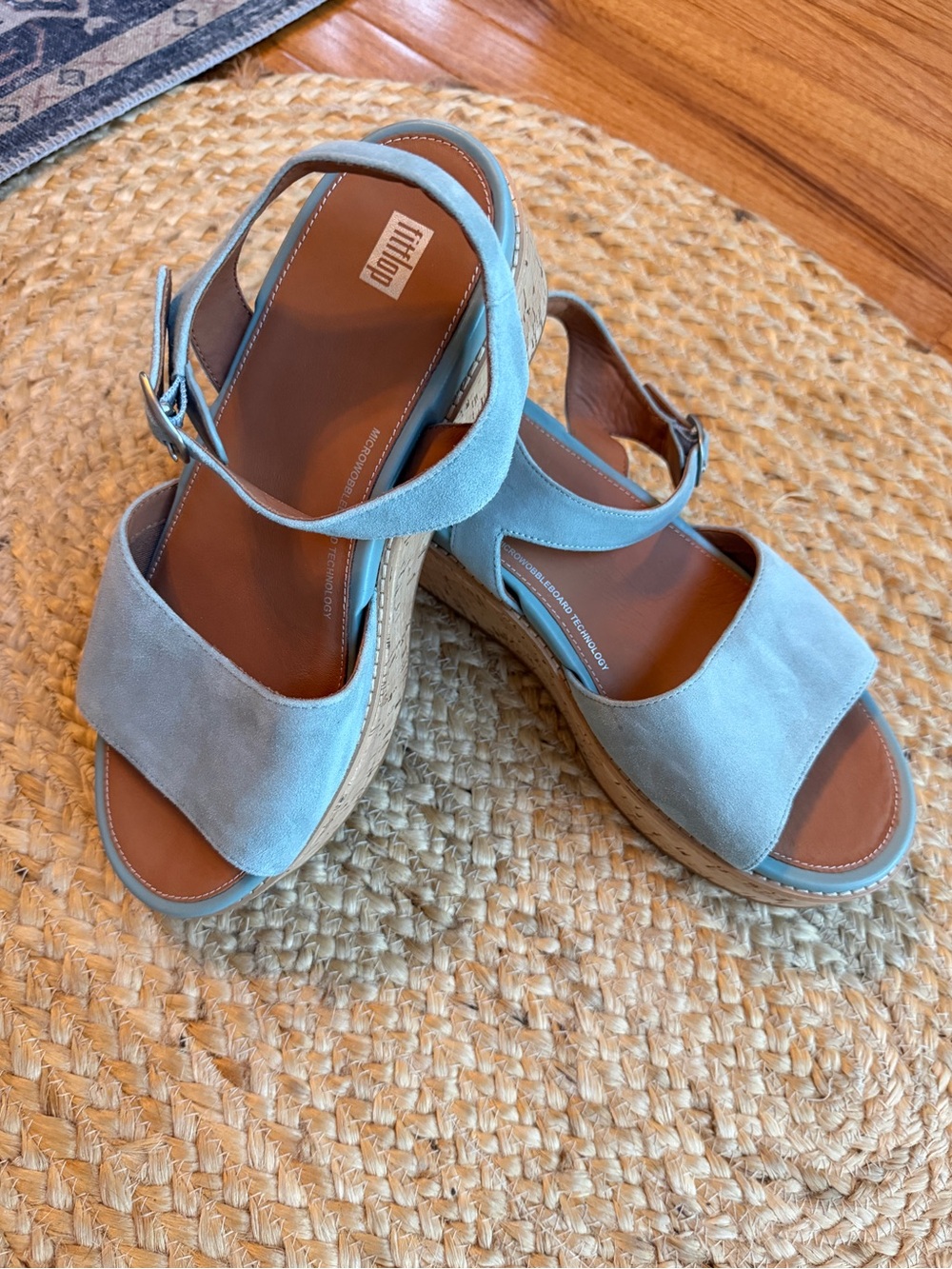 NEW FitFlop Eloise Cork-Wrap Suede Back-Strap Wedge Sandals - Cool Blue